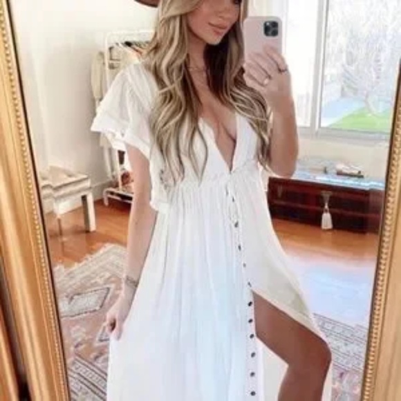 SOLD OUT White Boho Gauze Semi Sheer Button Maxi Casual Vacation Dress - Picture 2 of 7